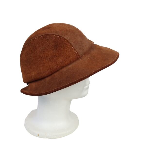 Vintage 70s Brown Suede Leather Cloche Bucket Hat - Picture 2 of 7
